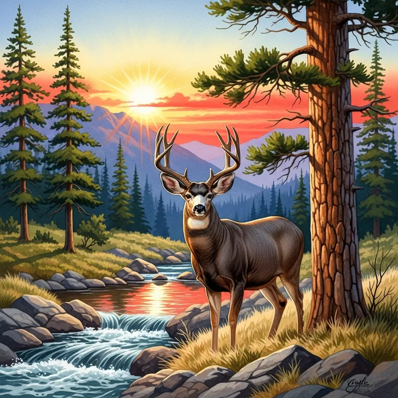 Majestic Muley Buck Deer in Mountain Landscape at Sunset