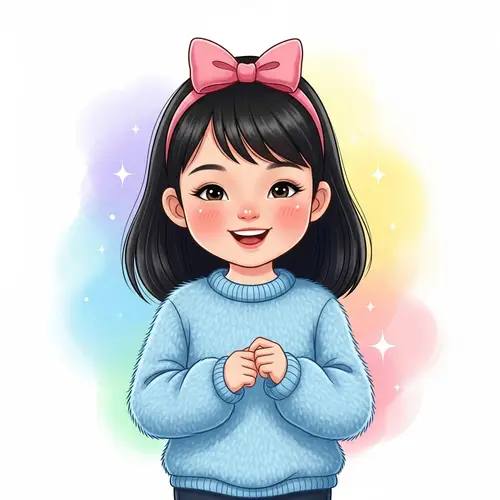 Young East Asian Girl in Sky-Blue Sweater with Pink Bow