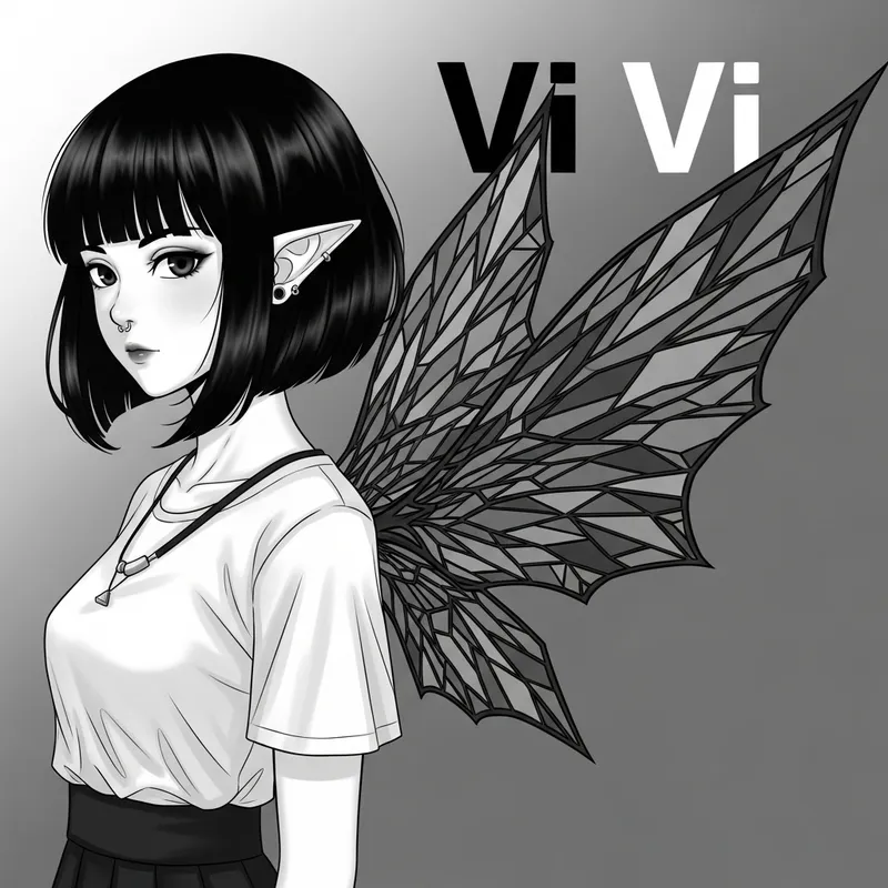 Anime Girl with Black Hair | Vi Vi Monochrome Illustration Featuring Unique Wings and Ears