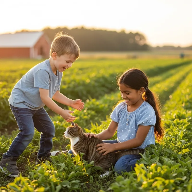 Kids Playing with Cat on Farm