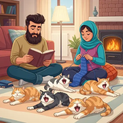 Cozy Moments: Beard Man & Hijab Woman with Cats