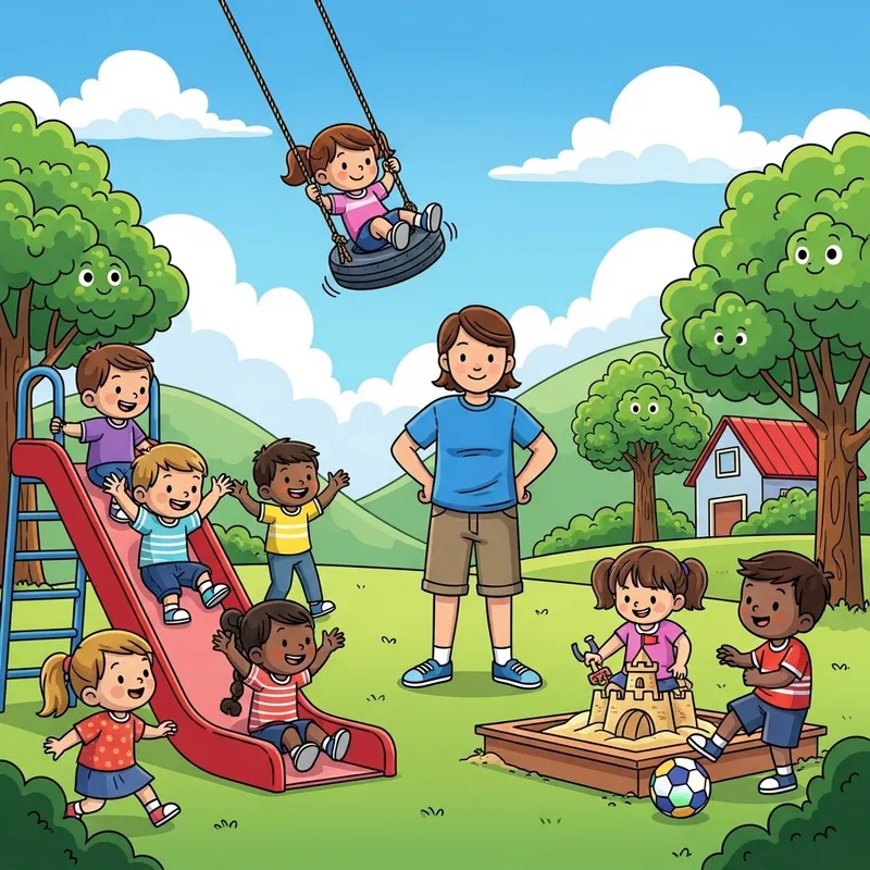 Supervised Children in a Vibrant Cartoon Setting