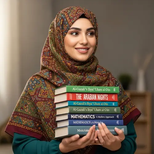 Middle-Eastern Woman in Traditional Hijab with Books