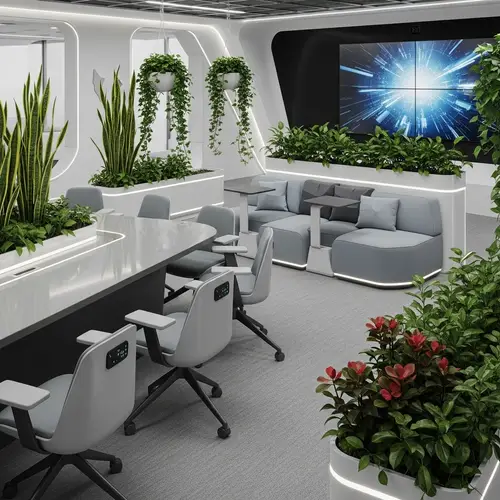 Futuristic Office Breakout Area Design with Table, Chair, Screen, Sofa, and Plants