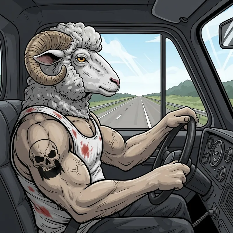 Muscular Sheep Fan of Classic Rock Driving Truck