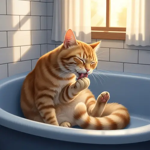 Orange Tabby Cat Grooming in Cozy Bathtub | Pet Care