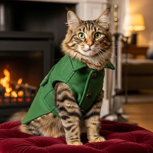 Adorable Cat in Stylish Green Coat