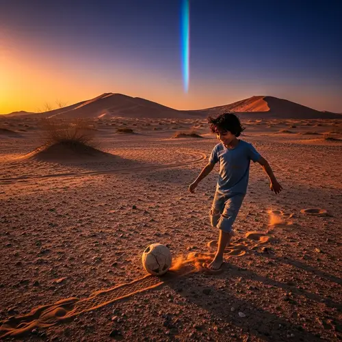 Middle-Eastern Child Playing Soccer in Vast Desert