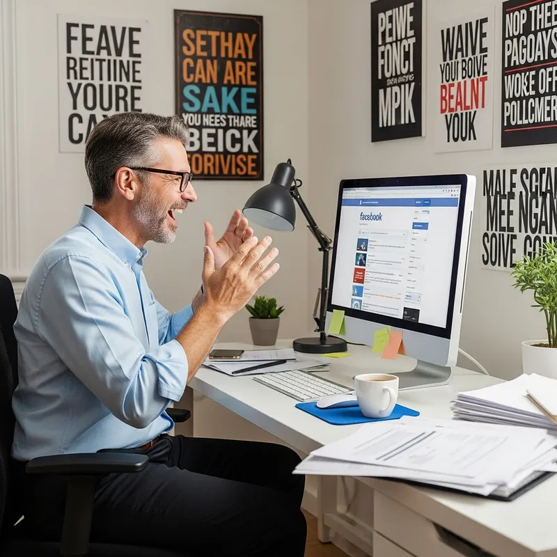 Joyous Self-Employed Man on Facebook in Home Office Setting