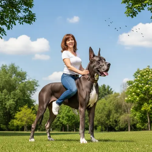 Unique Image: Woman Sitting on Great Dane Dog in Sunny Park
