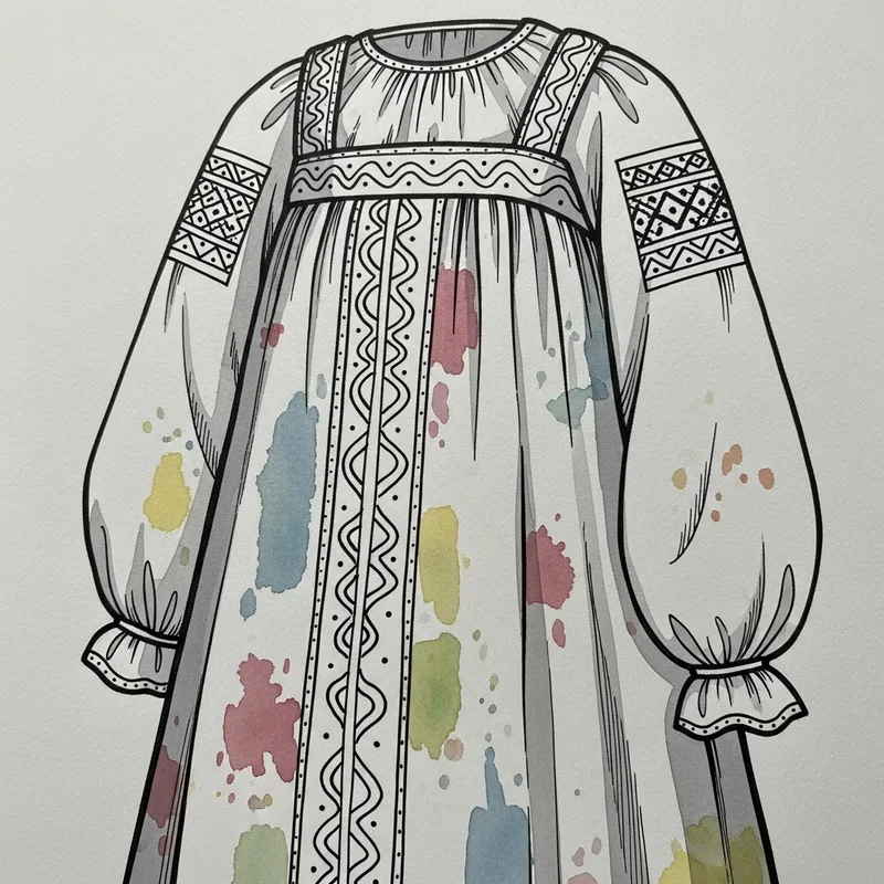 Illustrated Traditional Russian Dress: Ink & Watercolor Style