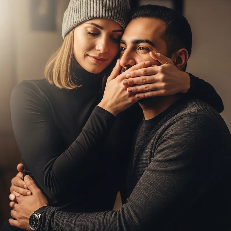 Multicultural Embrace: Athlete Woman Holds Man in Black Attire