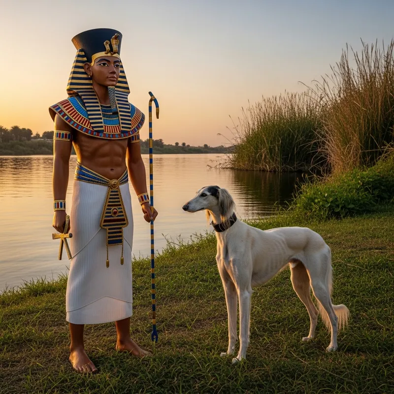 Intricately Dressed Pharaoh with Saluki Dog by the Nile Intricately Dressed Pharaoh with Saluki Dog by the Nile