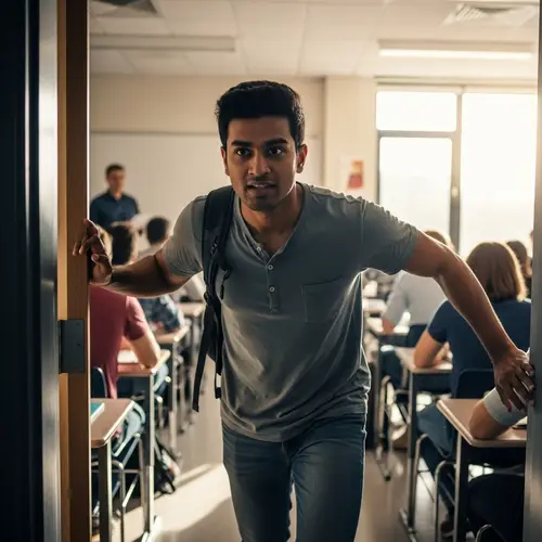 South Asian Male Student Rushing into Class - Study Scene