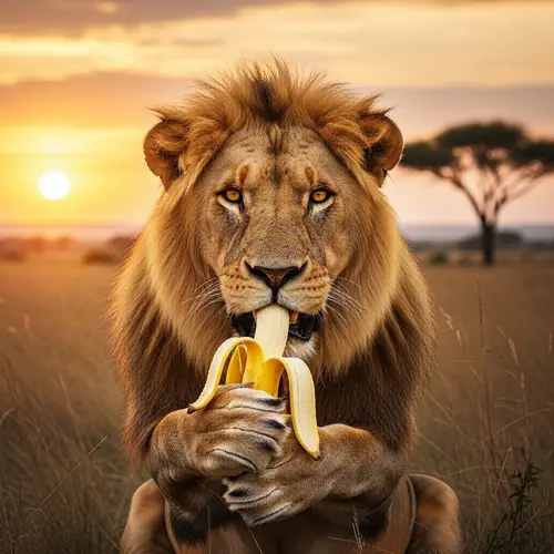 Majestic Lion Eating Banana | Wildlife Photography