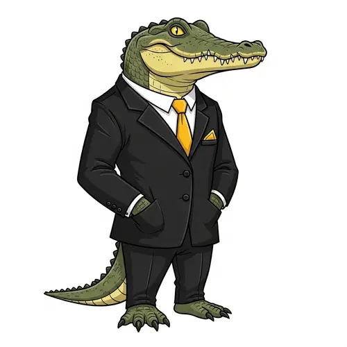 Elegant Crocodile in Black Suit with Yellow Tie