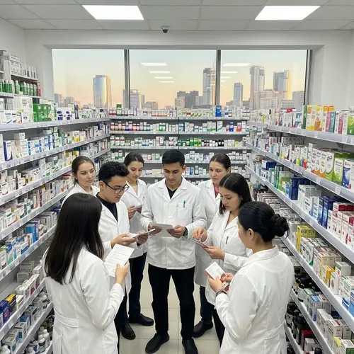 Diverse Young Pharmacists Cataloging Medicinal Supplies in Kazakhstan Pharmacy