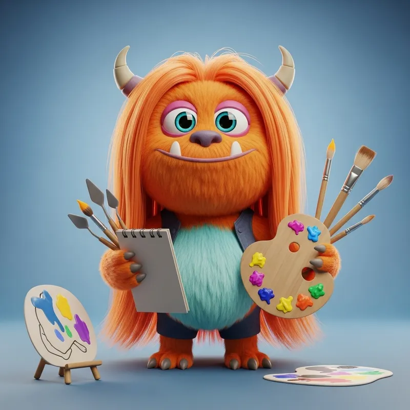 Vivid 3D Orange Cute Monster with Long Hair | Creative Art Tools