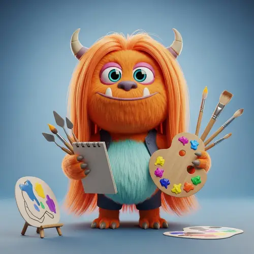 Vibrant 3D Orange Cute Monster with Art Tools