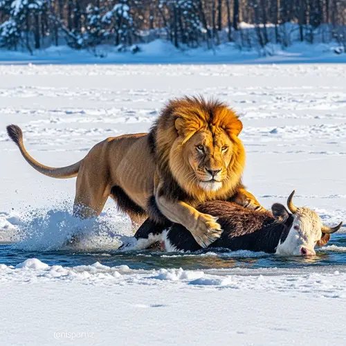 Mighty Lion Rescues Cow in Wintry Scene | Dynamic Wildlife Photography