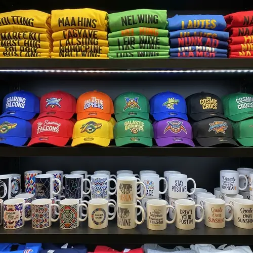 Creative Merchandise Rack with Shirts, Caps, and Mugs