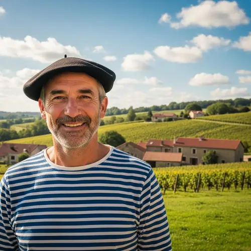 French Man in Traditional Beret | Idyllic Rural Landscape