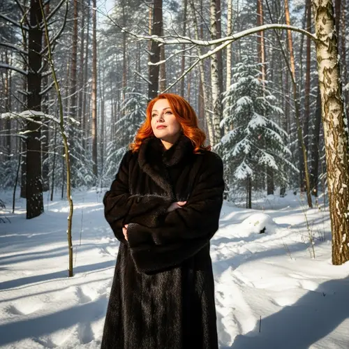 Red-Haired Woman in Fur Coat - Forest Background