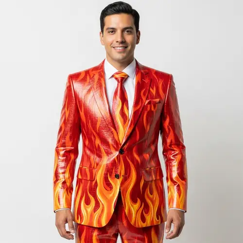 Stylish Men's Suit of Recycled Materials with Fire-Themed Design