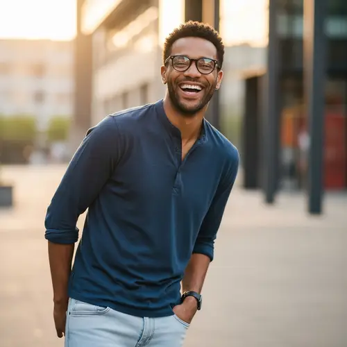 Full-Length Smiling Man with Short Curly Hair in Black Glasses