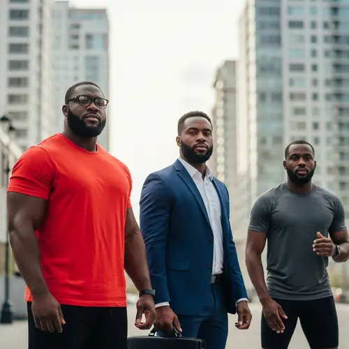 Urban Black Men Diversity: Red Shirt, Business Suit, Athletic Wear