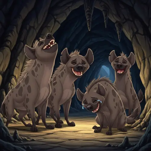 Laughing Hyenas in Cave: Grey-Brown Fur, Spots, Large Ears