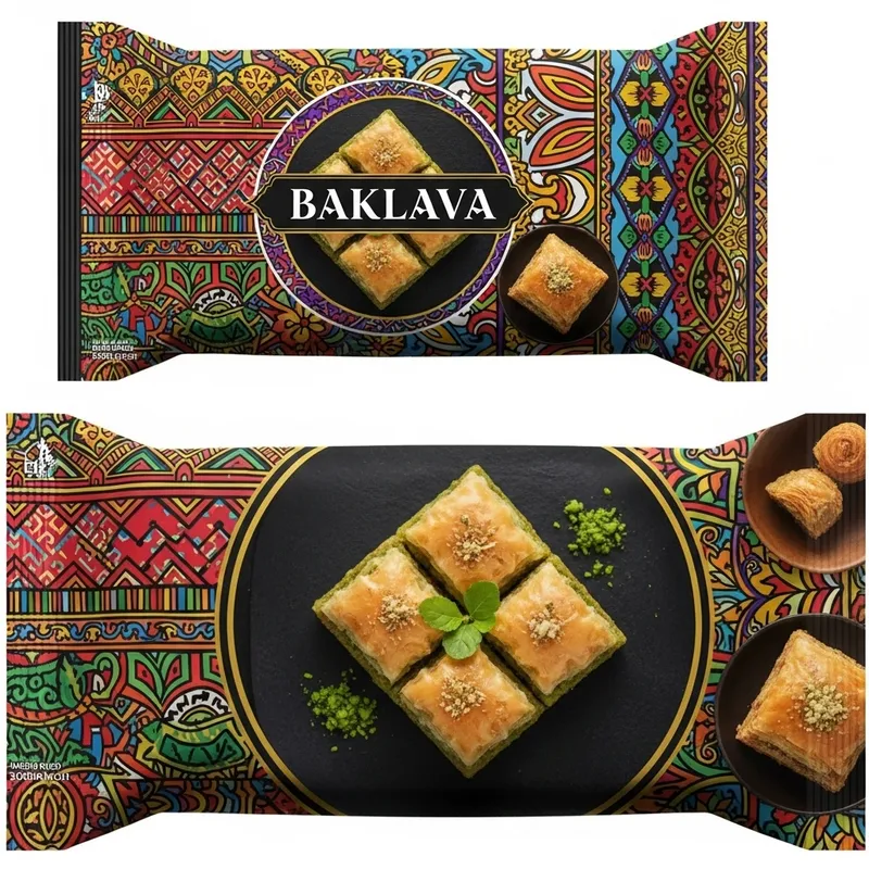 Indonesian Heritage Baklava Packaging Design with Bold Colors