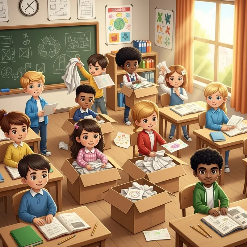 Diverse School Kids Collect Waste Paper for Recycling