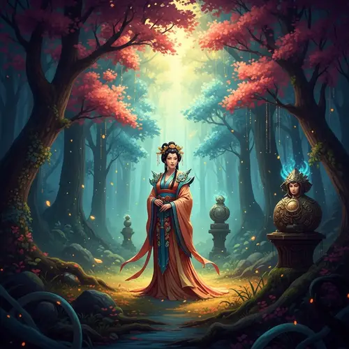 Radiant Forest Scene Digital Painting with Asian Woman | Original Art
