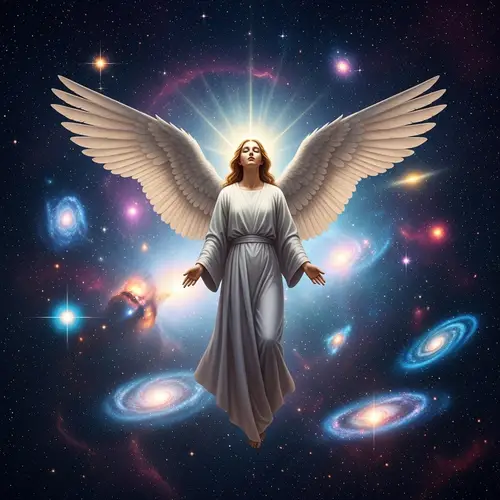 Majestic Angel with Feathered Wings | Celestial Cosmic Scene