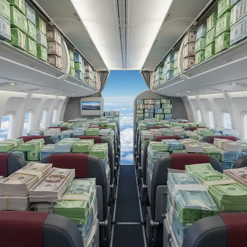 Luxurious Airplane Interior Filled with Assorted Banknotes