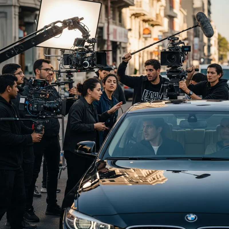 Cinematography Team Filming Car Scene with Urban Backdrop
