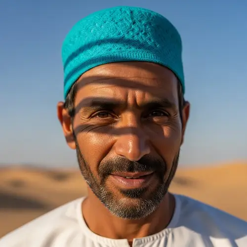 Vibrant Turquoise Cap on Middle-Eastern Man | Warm Features
