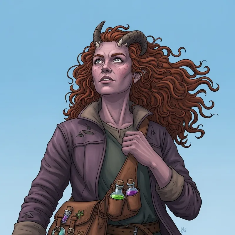 Diverse Woman with Two Short Horns | Gray-Pink Skinned Character