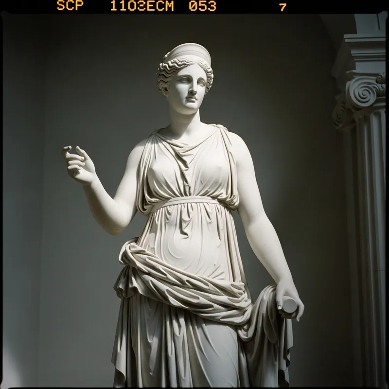 Elegant White Marble Grecian Goddess Sculpture in Soft Lighting