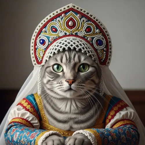 Portrait of a Female Grey Tabby Cat in Kokoshnik Hat