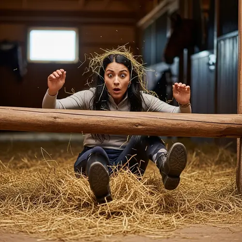 Hispanic Woman Surprised by Landing in Hay | Disbelief Expression