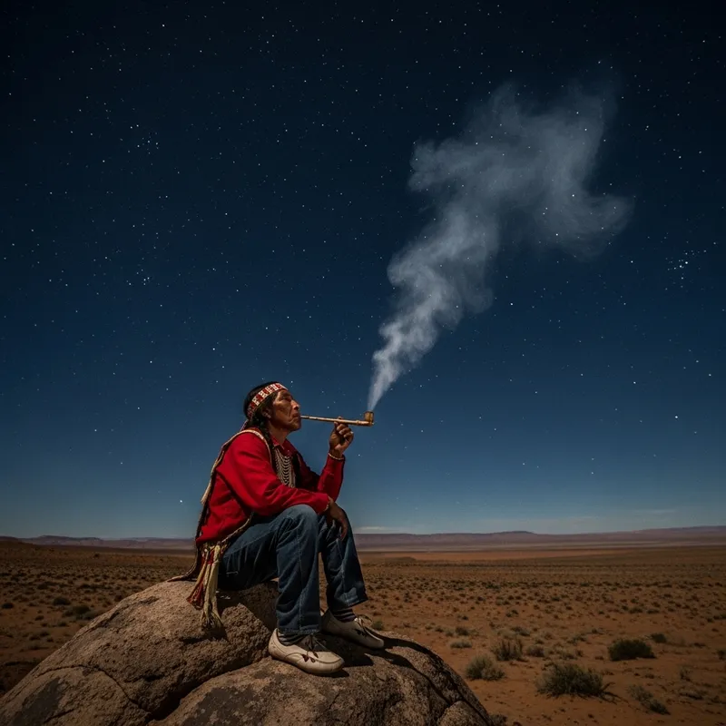 Mystical Indigenous Man Smoking Pipe Under Starlit Sky