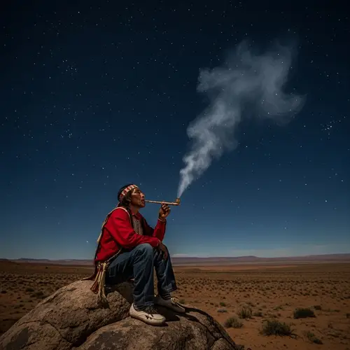 Mystical Night Scene: Indigenous Man Smoking Pipe Under Starlit Sky