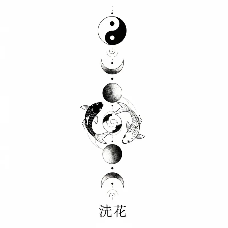 Minimalistic Moon Phases Spine Tattoo Design with Yin Yang and Fish