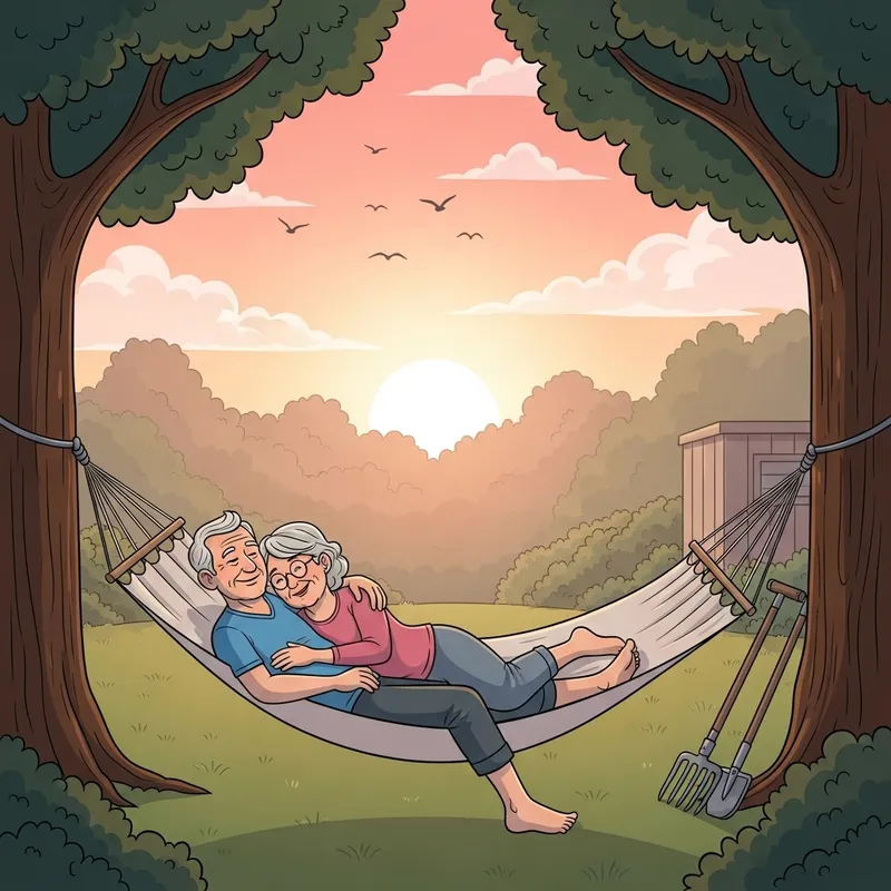 Old Couple Embracing in Hammock at Sunset