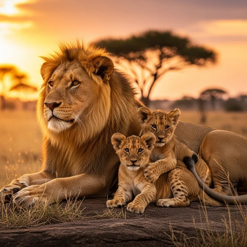 Realistic Lion with Two Lion Cubs Tattoo Design