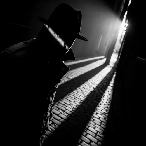 Mysterious Figure Emerges from Shadows in Noir Style