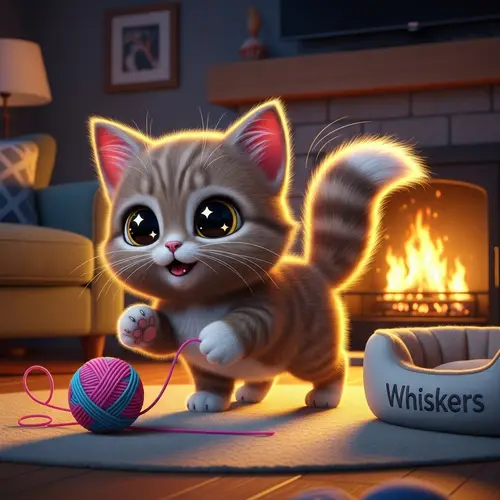 Cute Cartoon Kitten with Big Sparkly Eyes and Fluffy Fur
