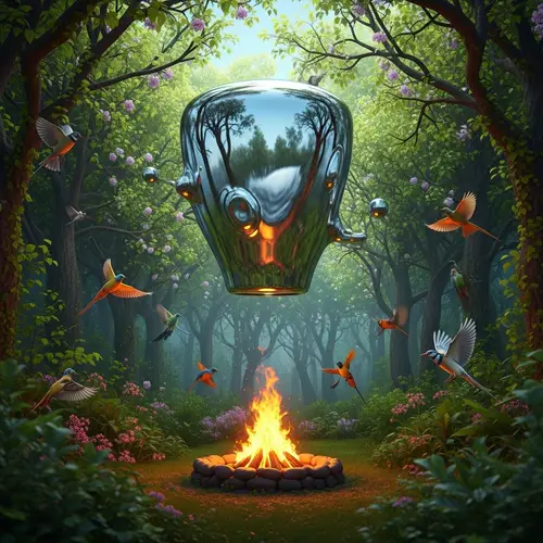 Captivating Image of Liquid Mercury Above Enchanting Forest and Birds Evolving into Sky